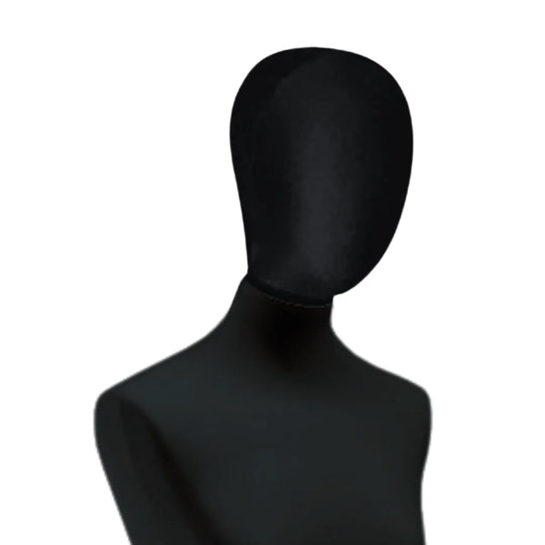 Tête femme noire pour buste de couture Vetrina, jersey noir et bague de fixation en bois