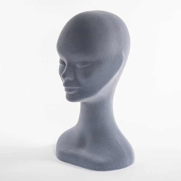Tête de présentation femme floquée velours gris H35 cm, tour de tête 52 cm, pour boutique et vitrine