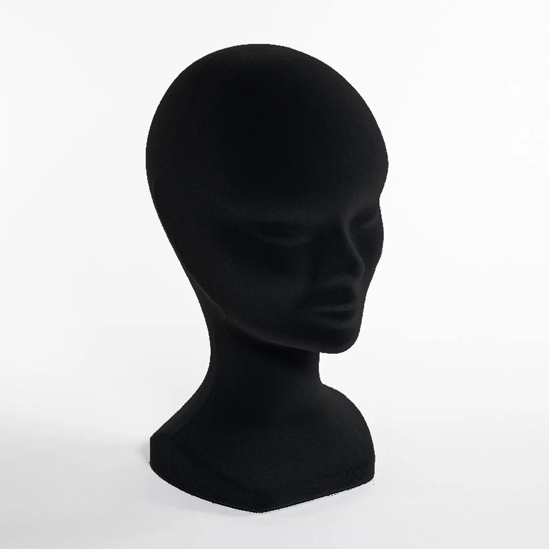 Tête de présentation femme floquée velours noir H30 cm pour chapeaux et accessoires en boutique