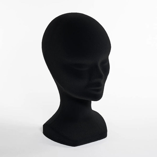 Tête de présentation femme floquée velours noir H30 cm pour chapeaux et accessoires en boutique
