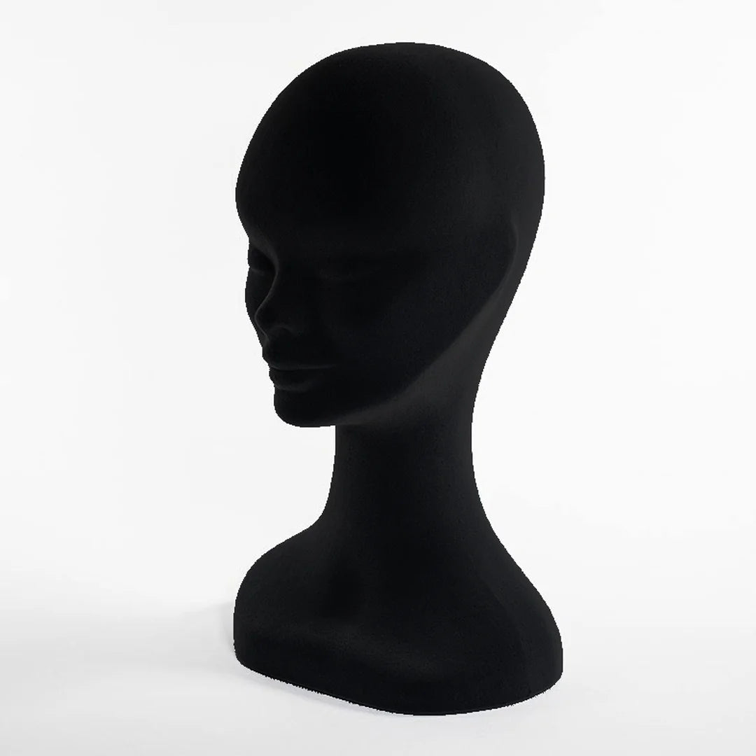 Tête de présentation femme floquée velours noir H35 cm, idéale chapeaux perruques foulards magasin