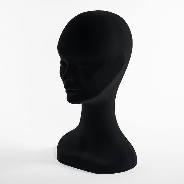 Tête de présentation femme floquée velours noir H35 cm, idéale chapeaux perruques foulards magasin