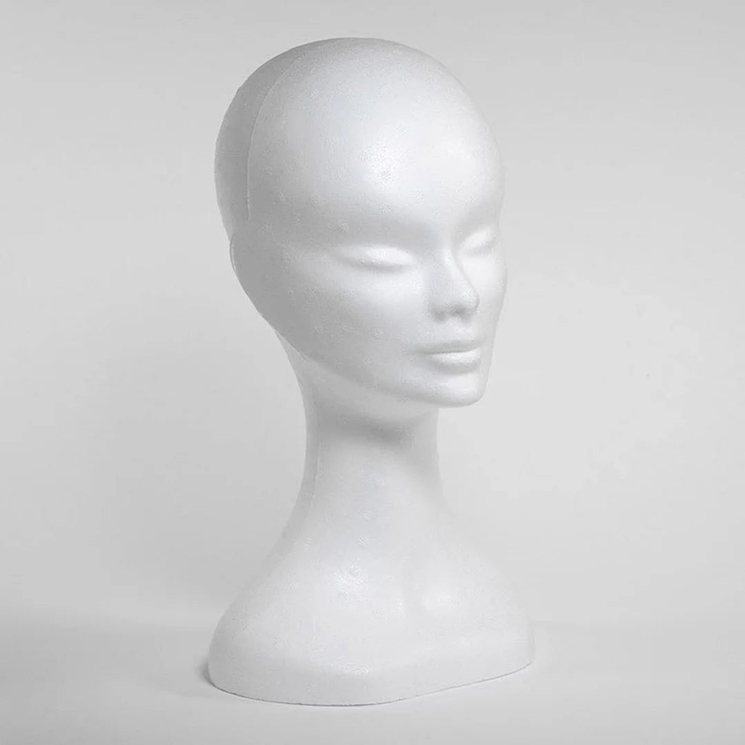 Tête de présentation femme finition brut blanc en polystyrène expansé H35 cm, tour de tête 52 cm