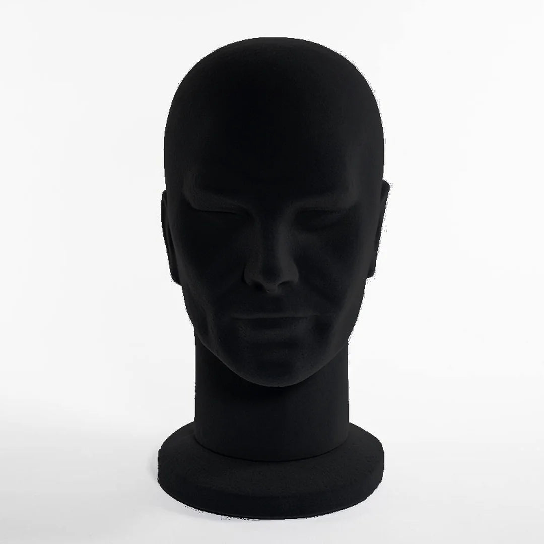 Tête de présentation homme floquée noir H33 cm – présentoir chapeau casquette lunettes magasin