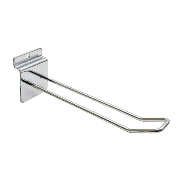Tige porte-blister double en métal chromé pour panneaux rainurés, disponible en 5 longueurs de 10 à 30 cm