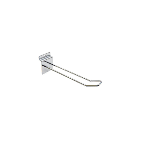 Tige porte-blister double en métal chromé pour panneaux rainurés, disponible en 5 longueurs de 10 à 30 cm