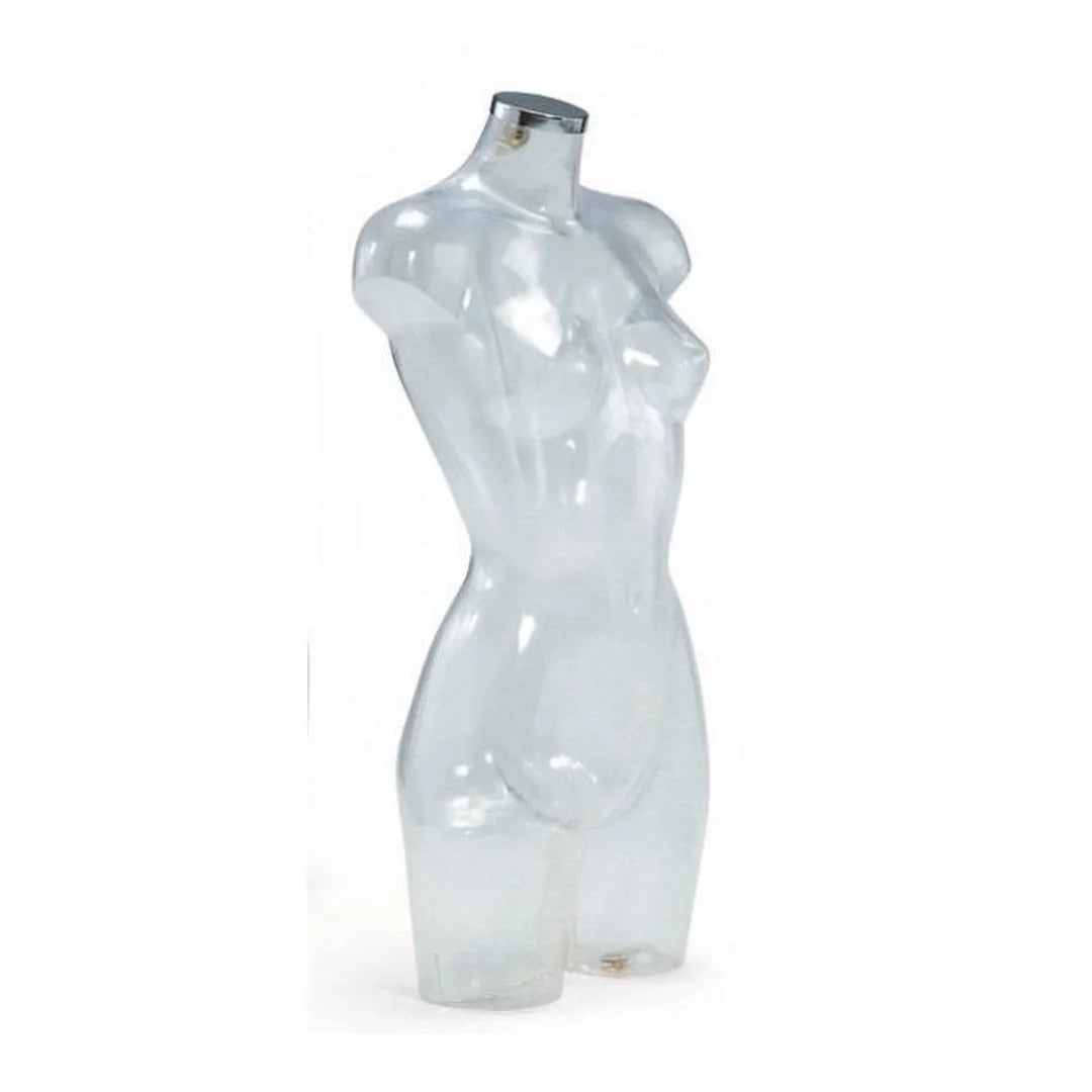 Torse femme Energy transparent avec bouchon chromé, présentoir contemporain pour boutique de mode