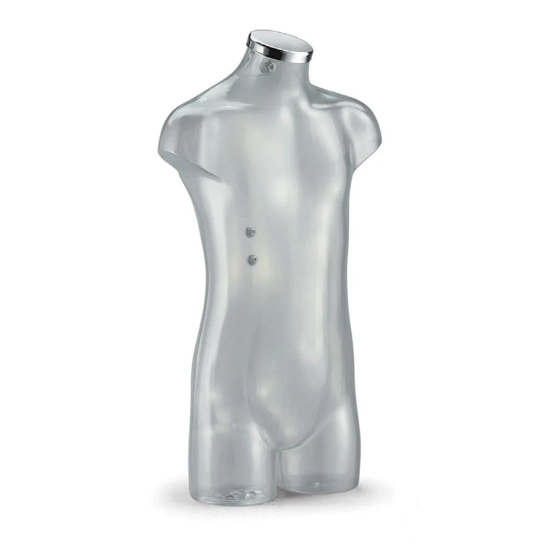 Torse mannequin enfant 6-9 ans transparent avec bouchon plat chromé, présentation vitrine