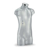 Torse mannequin enfant 6-9 ans transparent avec bouchon plat chromé, présentation vitrine