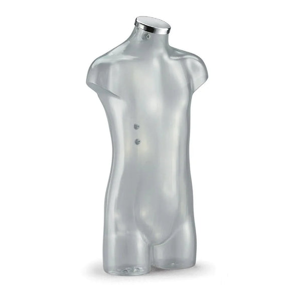 Torse mannequin enfant 6-9 ans transparent avec bouchon plat chromé, présentation vitrine