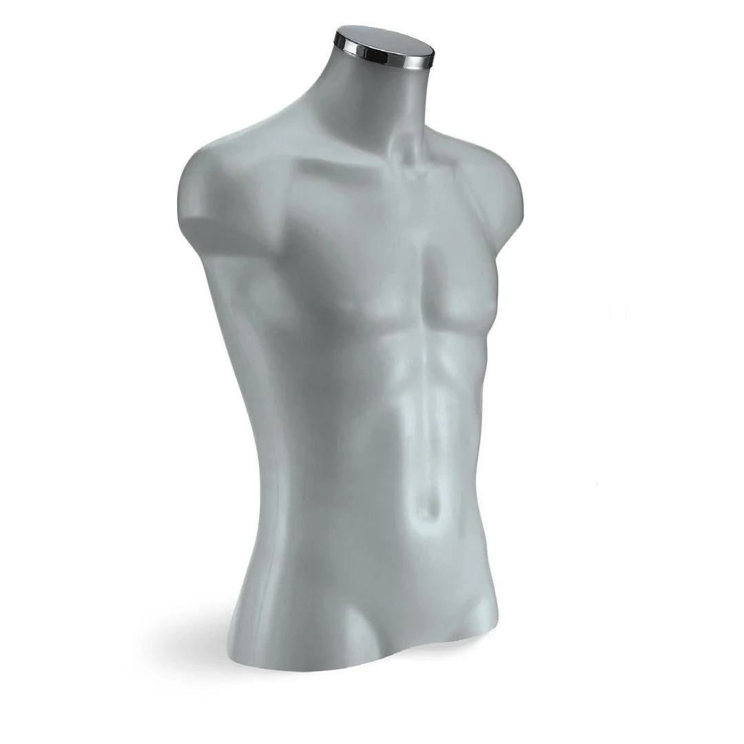 Torse mannequin homme 3/4 en polypropylène gris, hauteur 70 cm, usage professionnel boutique mode