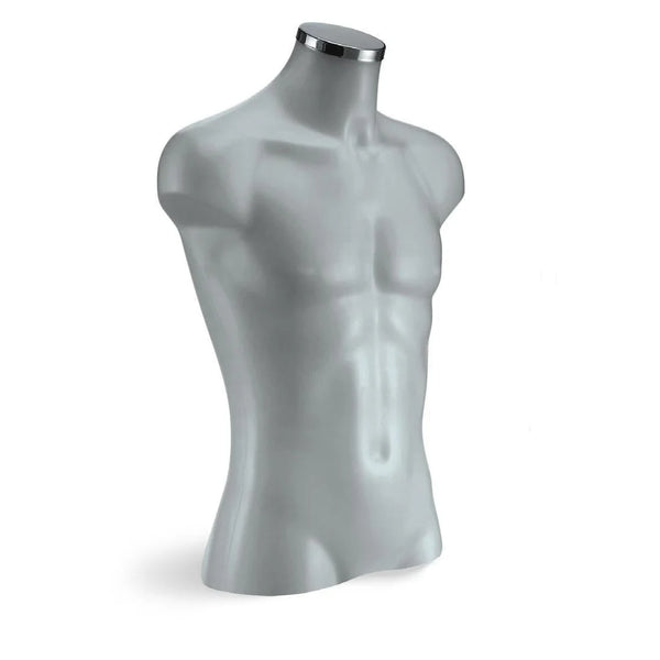 Torse mannequin homme 3/4 en polypropylène gris, hauteur 70 cm, usage professionnel boutique mode
