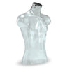 Torse mannequin homme 3/4 transparent avec bouchon chromé, 70 cm, pour vitrine et corner promo
