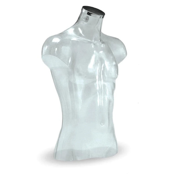 Torse mannequin homme 3/4 transparent avec bouchon chromé, 70 cm, pour vitrine et corner promo