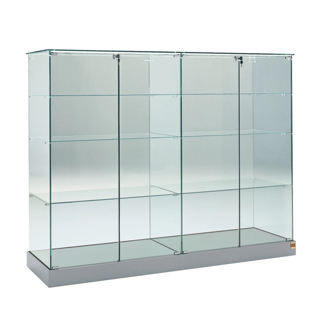 Vitrine petite armoire en verre avec 3 étagères et 2 double portes verrouillable pour présentation d'objets.
