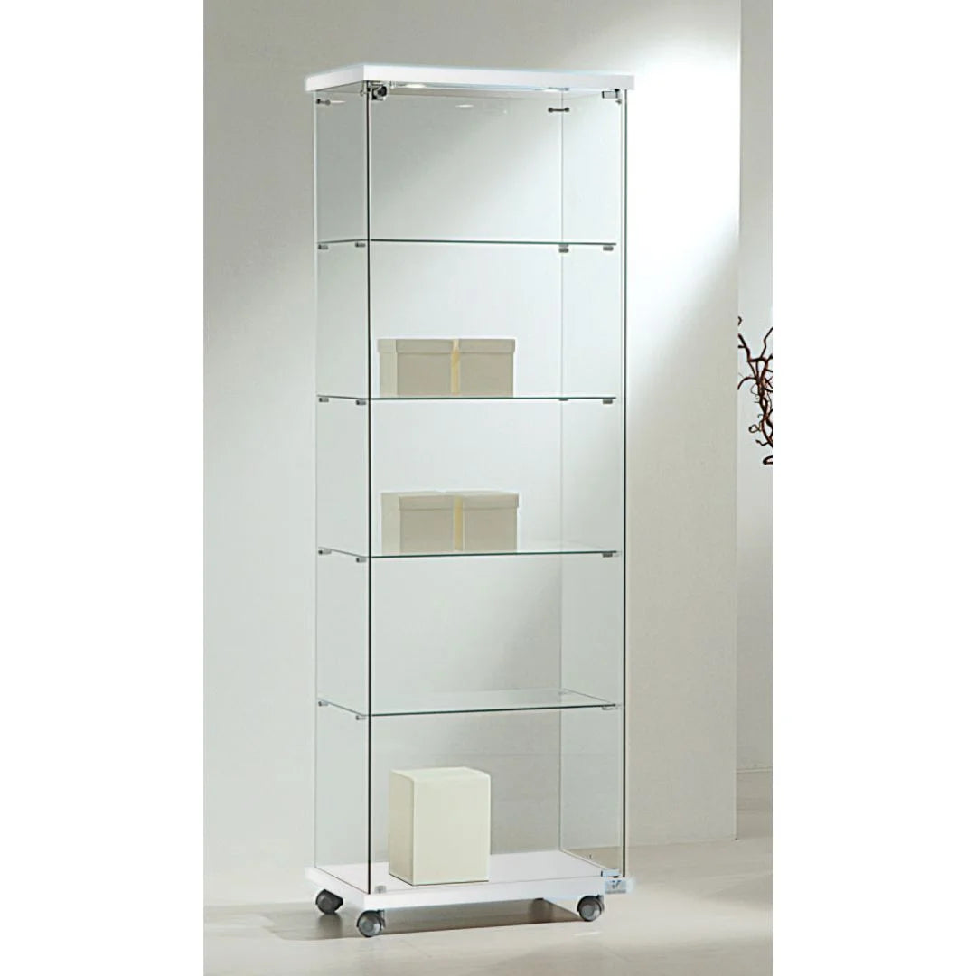 Vitrine armoire colonne en verre trempé avec spots LED et 4 étagères, sur roulettes, pour boutique professionnelle
