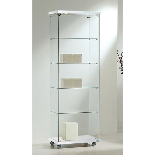 Vitrine armoire colonne en verre trempé avec spots LED et 4 étagères, sur roulettes, pour boutique professionnelle