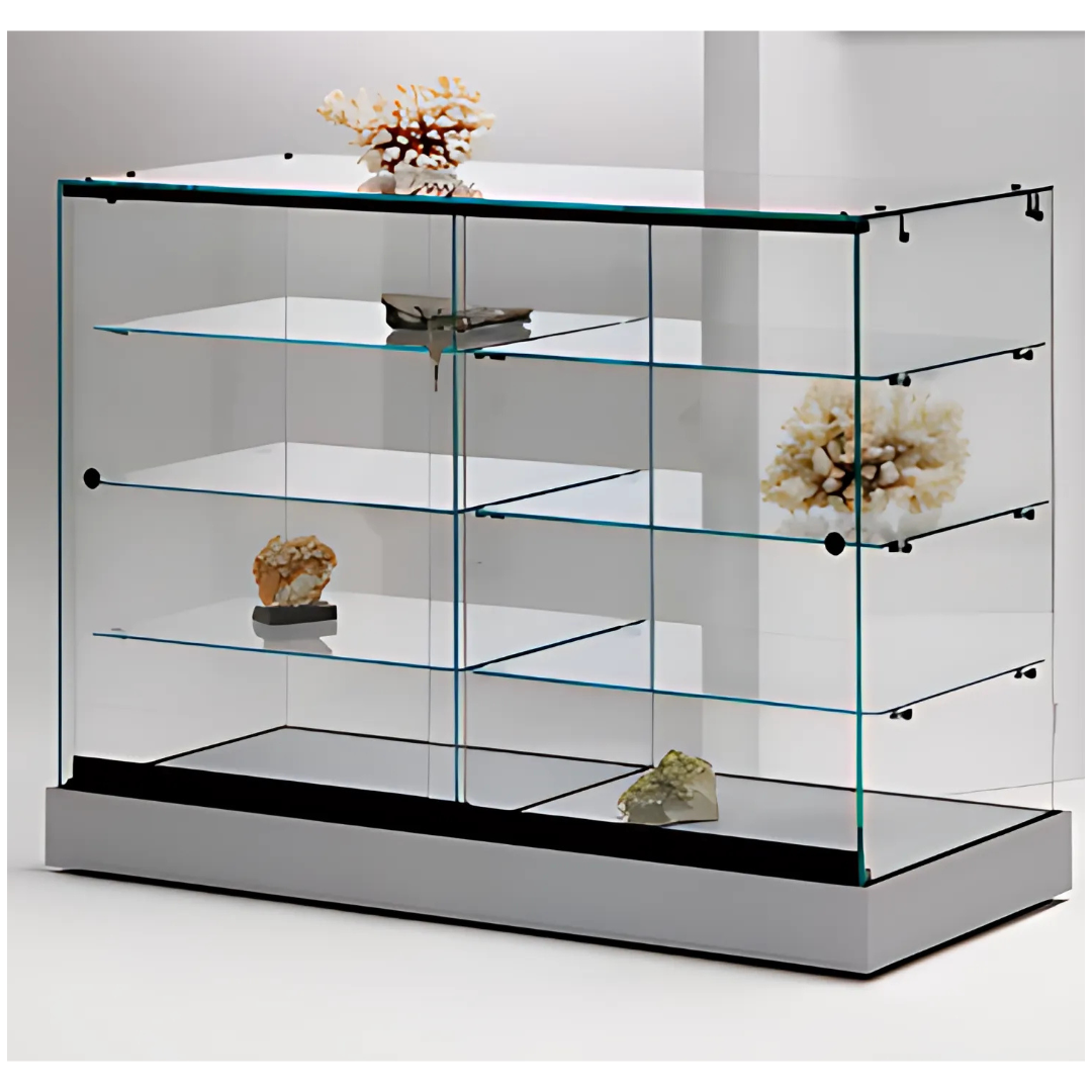 Vitrine basse en verre avec 3 étagères pour exposition de produits en magasin