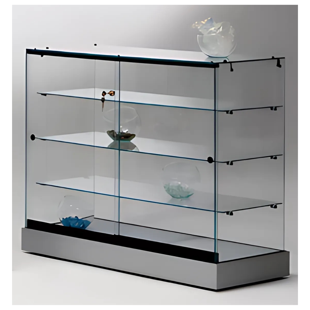 Vitrine basse en verre avec 3 étagères pour exposition de produits en magasin