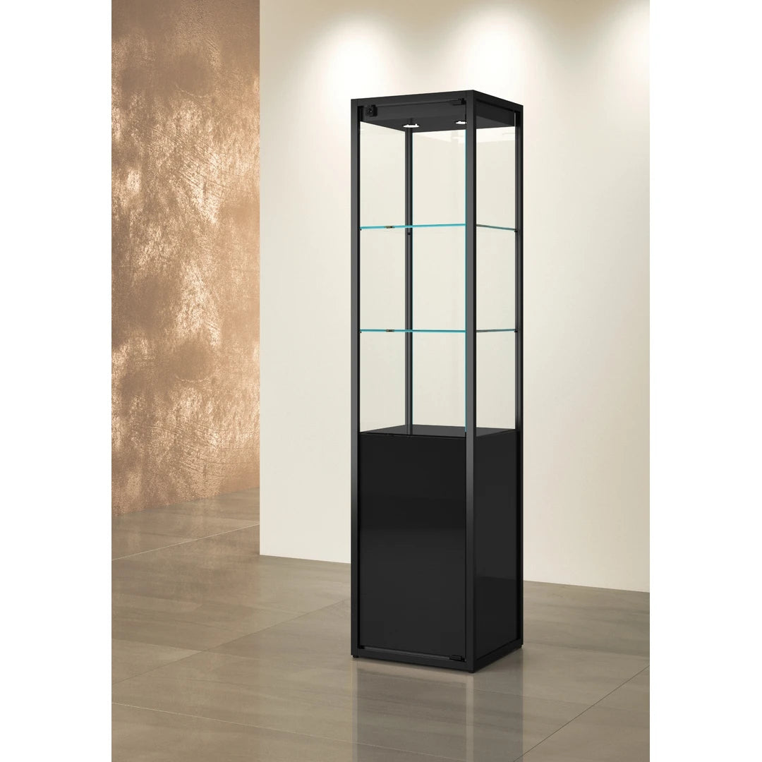 Vitrine colonne TM-45VM avec espace de rangement inférieur et structure aluminium noir.