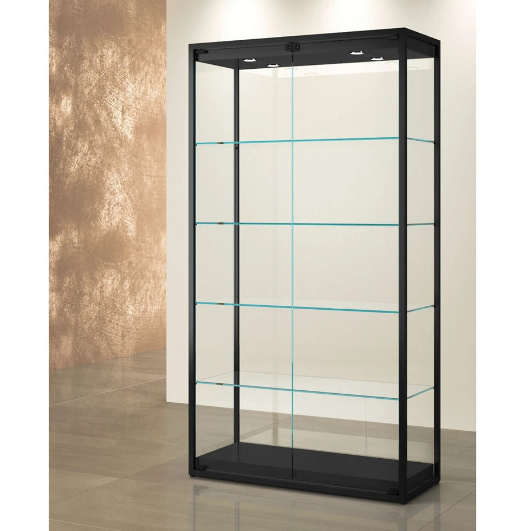 Vitrine colonne TM-95V noire en verre avec éclairage LED pour exposition de bijoux, objets de collection et produits de luxe.