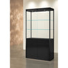 Vitrine colonne TM-95VM noire en verre avec meuble de rangement intégré et éclairage LED pour bijouterie, musée et boutique de luxe.