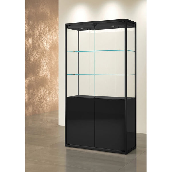 Vitrine colonne TM-95VM noire en verre avec meuble de rangement intégré et éclairage LED pour bijouterie, musée et boutique de luxe.