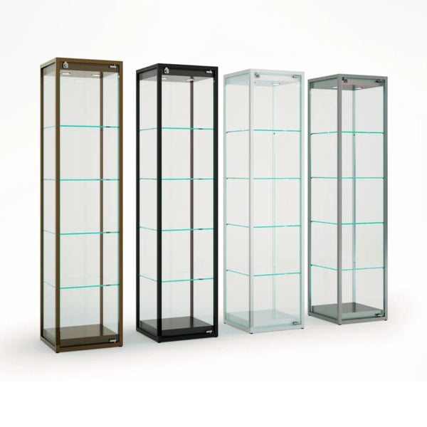 Collection de vitrines colonne TM-45V disponibles en plusieurs finitions aluminium anodisé.