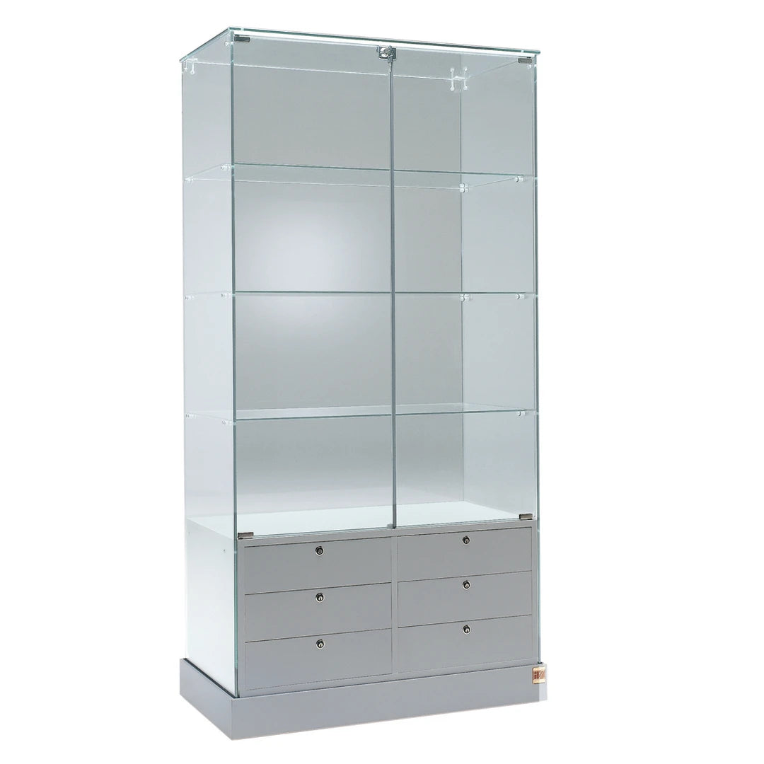 Vitrine colonne en verre avec box a tiroirs et 3 étagères en verre pour exposition de produits en magasin ou showroom.