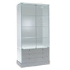 Vitrine colonne en verre avec box a tiroirs et 3 étagères en verre pour exposition de produits en magasin ou showroom.