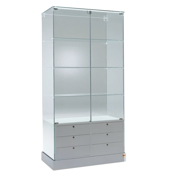 Vitrine colonne en verre avec box a tiroirs et 3 étagères en verre pour exposition de produits en magasin ou showroom.