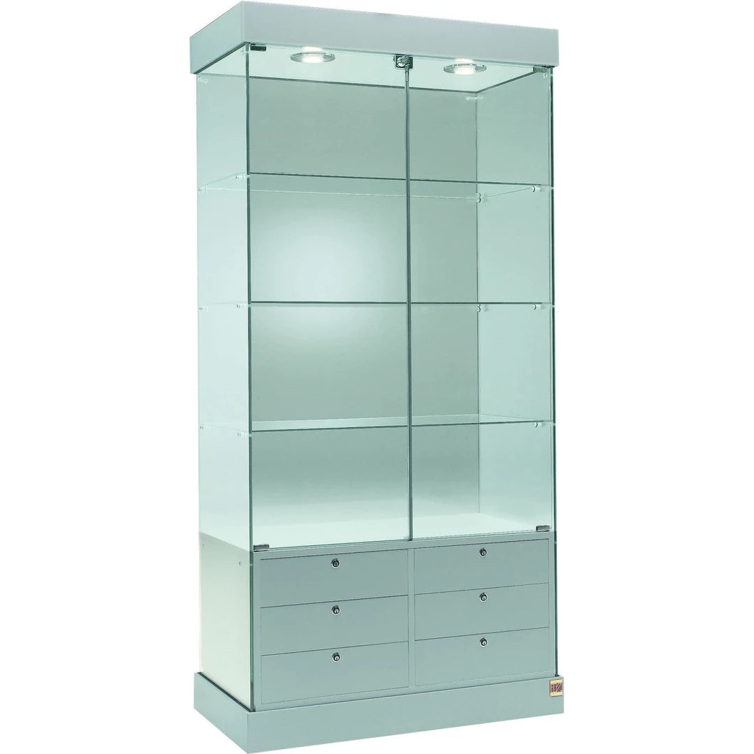 Vitrine colonne en verre avec éclairage LED et box à tiroirs pour mettre en valeur et stocker bijoux, objets de collection et produits.