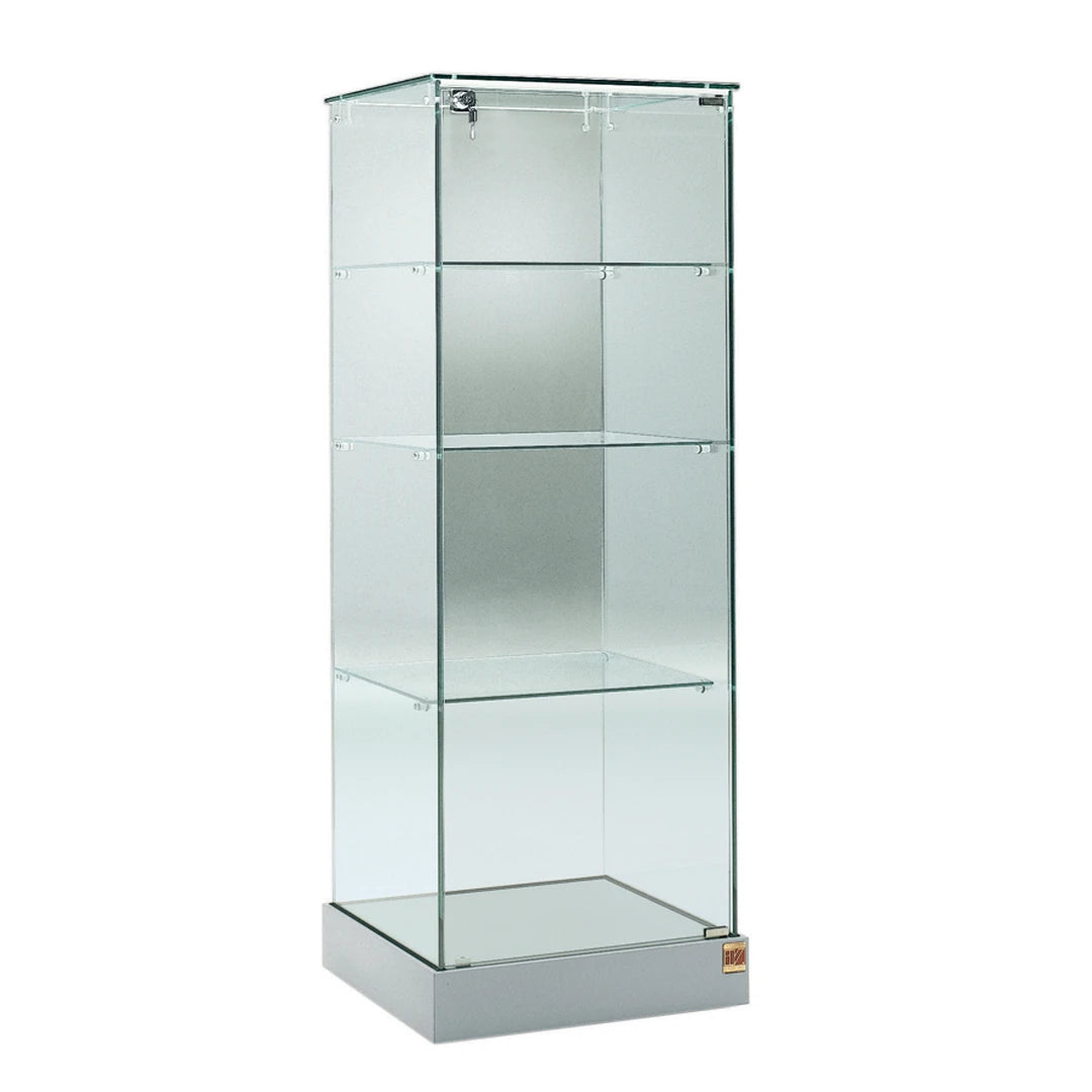 Vitrine petite armoire en verre avec 3 étagères et une porte verrouillable pour présentation d'objets.