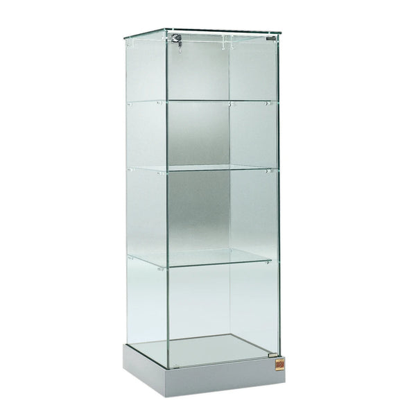 Vitrine petite armoire en verre avec 3 étagères et une porte verrouillable pour présentation d'objets.