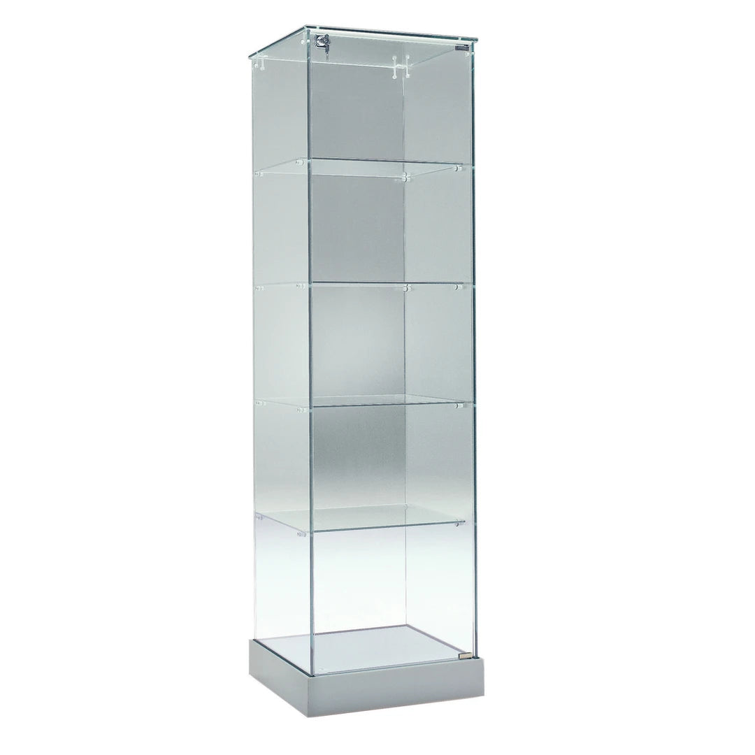 Vitrine colonne en verre avec 4 étagères en verre pour exposition de produits, collections ou objets de valeur.
