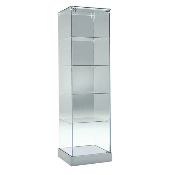 Vitrine colonne en verre avec 4 étagères en verre pour exposition de produits, collections ou objets de valeur.