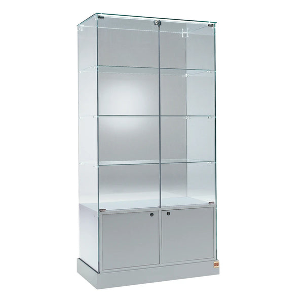 Grande vitrine colonne en verre avec box de rangement et plusieurs étagères pour exposition et stockage professionnelle de produits.