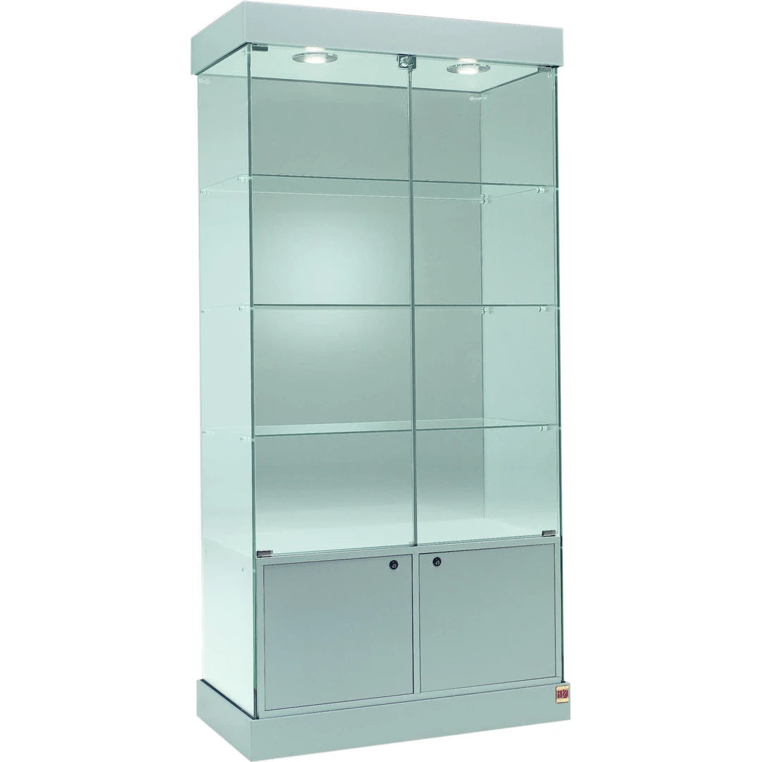 Grande vitrine colonne en verre avec box de rangement et éclairage LED, étagères en verre pour présentation et stockage haut de gamme.