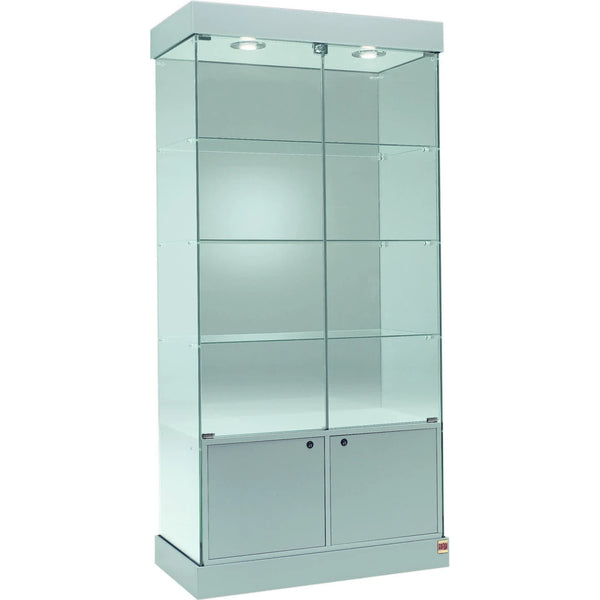 Grande vitrine colonne en verre avec box de rangement et éclairage LED, étagères en verre pour présentation et stockage haut de gamme.