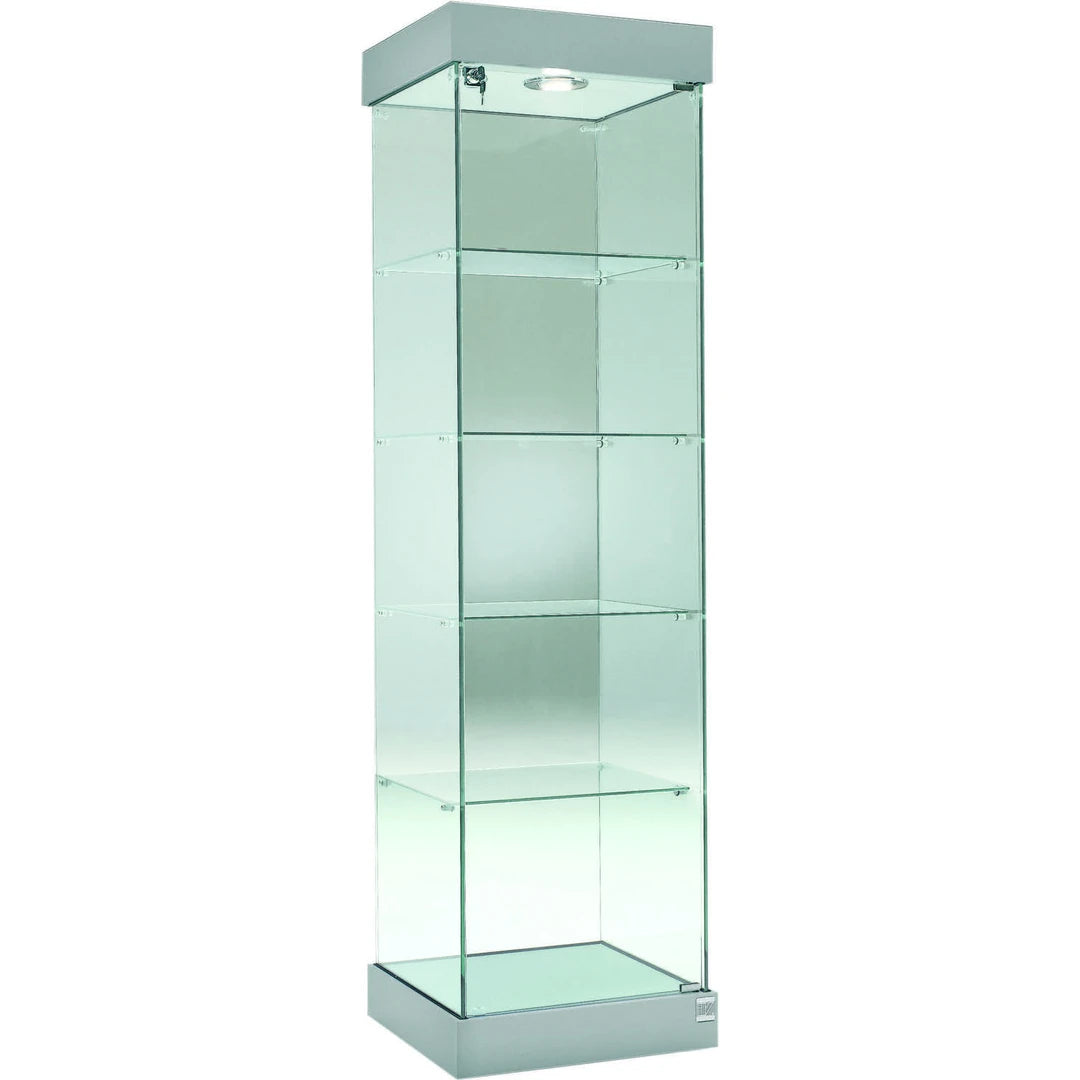 Vitrine colonne en verre avec éclairage LED et 4 étagères en verre pour une présentation haut de gamme.