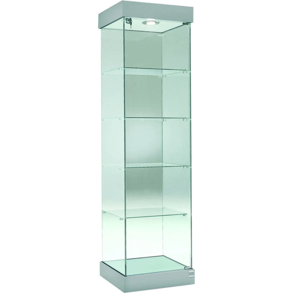 Vitrine colonne en verre avec éclairage LED et 4 étagères en verre pour une présentation haut de gamme.