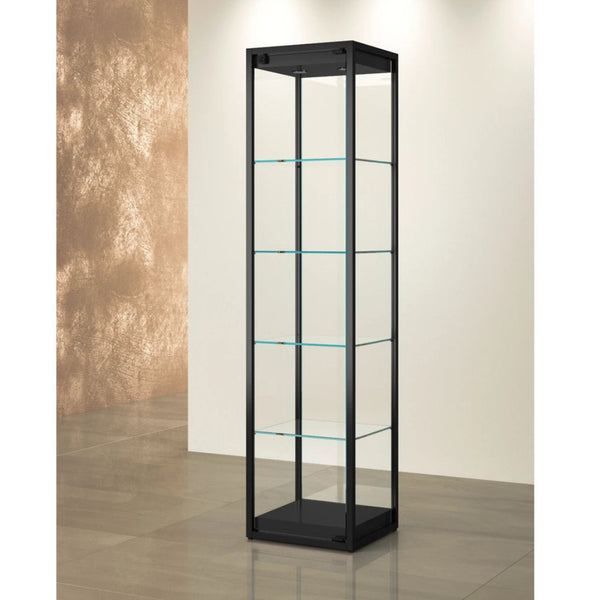 Vitrine colonne en verre sécurisée TM-45V avec structure aluminium noir et étagères en verre.