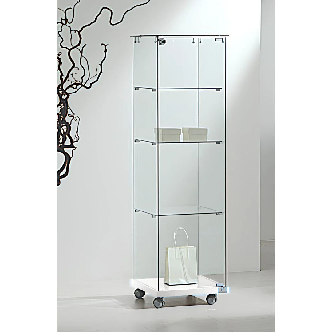 Vitrine colonne en verre trempé sur roulettes pivotantes, finition blanche, 3 étagères, porte verrouillable