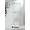 Vitrine colonne en verre trempé sur roulettes pivotantes, finition blanche, 3 étagères, porte verrouillable