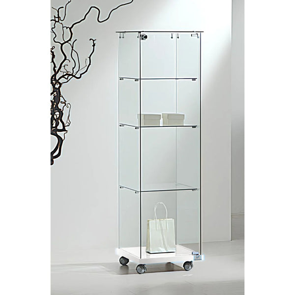 Vitrine colonne en verre trempé sur roulettes pivotantes, finition blanche, 3 étagères, porte verrouillable