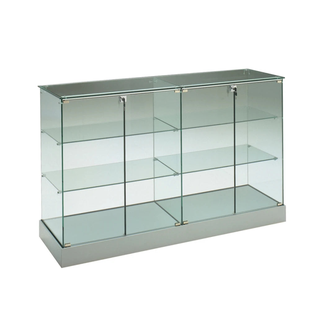 Vitrine commode en verre avec 2 double portes verrouillable avec étagères pour exposition de produits.