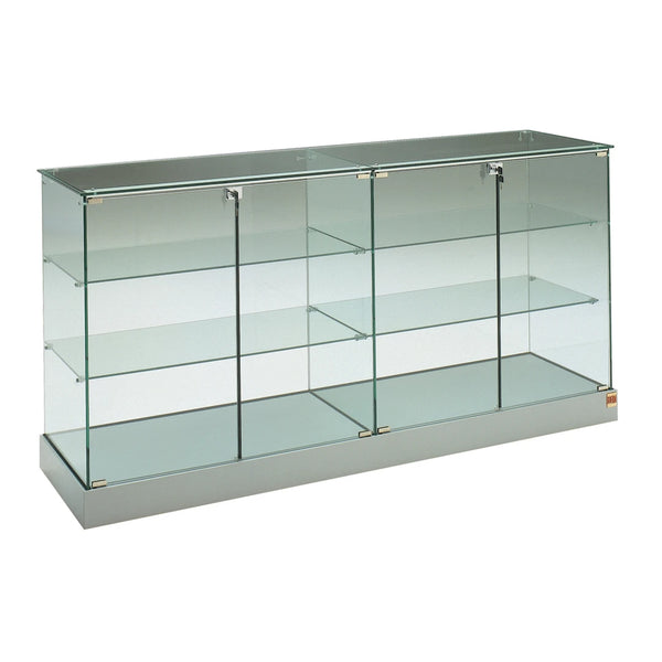 Vitrine commode en verre avec 2 double portes verrouillable avec étagères pour exposition de produits.