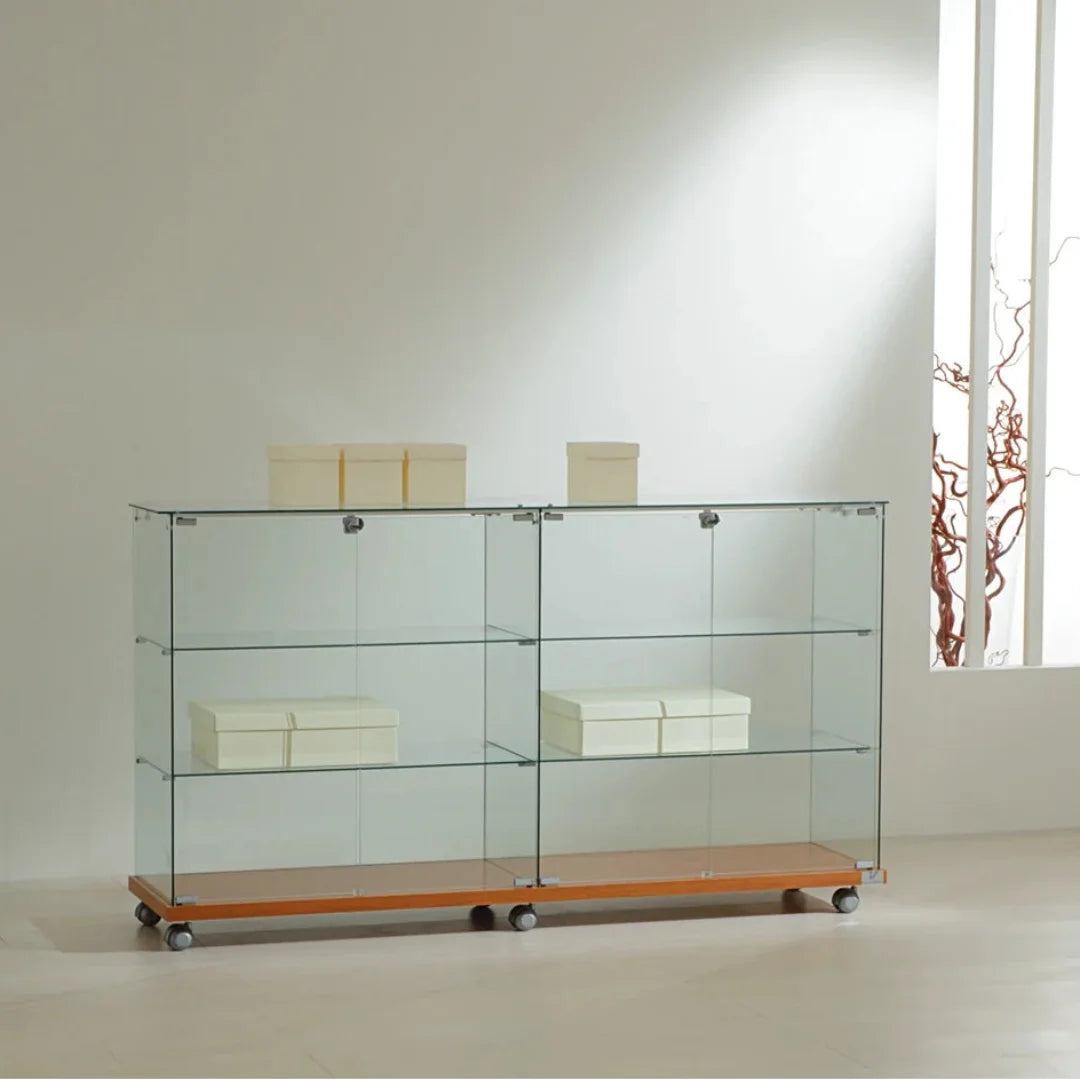 Grande vitrine commode verre trempé 157 × 40 × h 90 cm — 2 doubles portes et 4 étagères