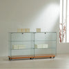 Grande vitrine commode verre trempé 157 × 40 × h 90 cm — 2 doubles portes et 4 étagères