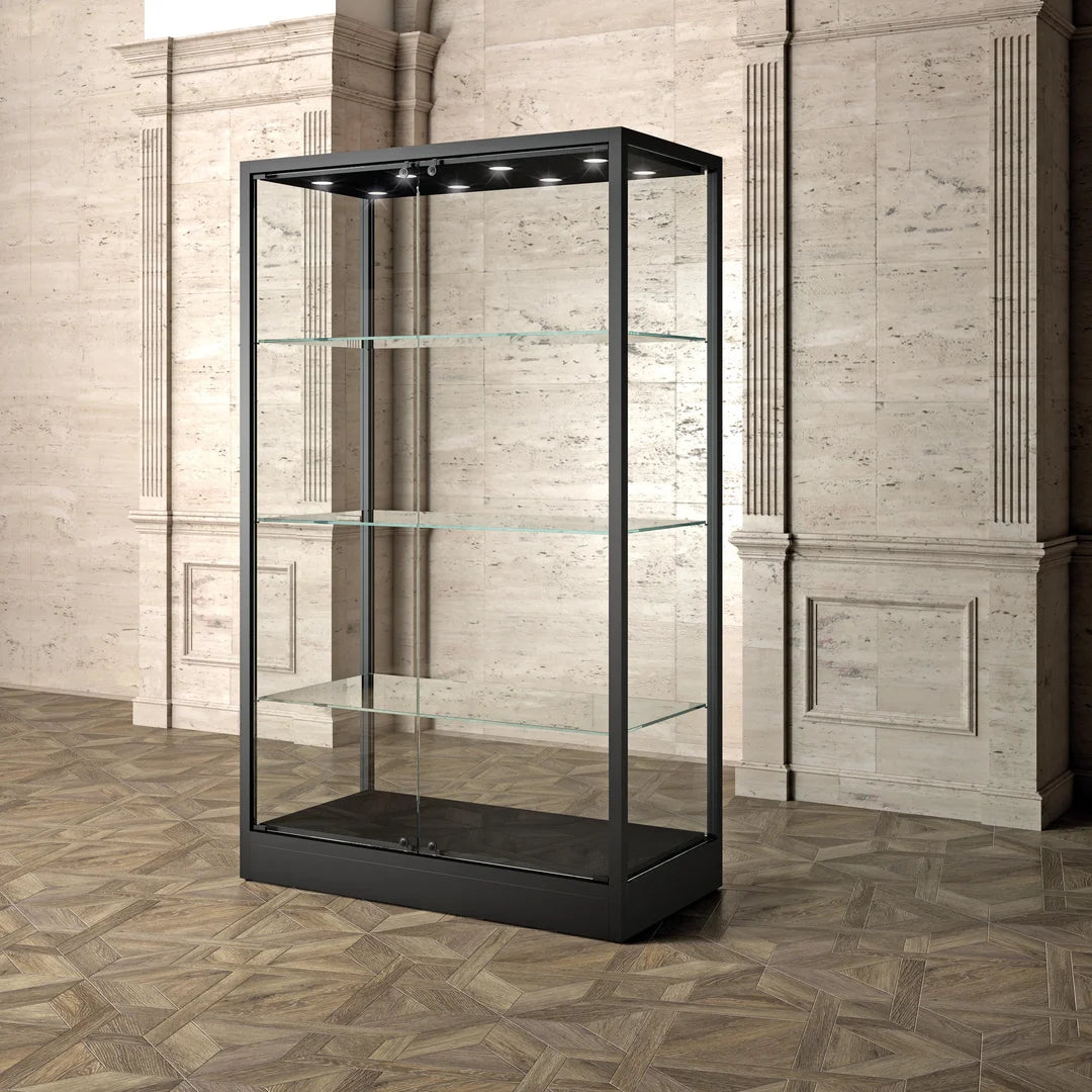 Vitrine d'exposition modulable 120 cm avec éclairage LED 4000 K et verre trempé 8 mm — noir mat